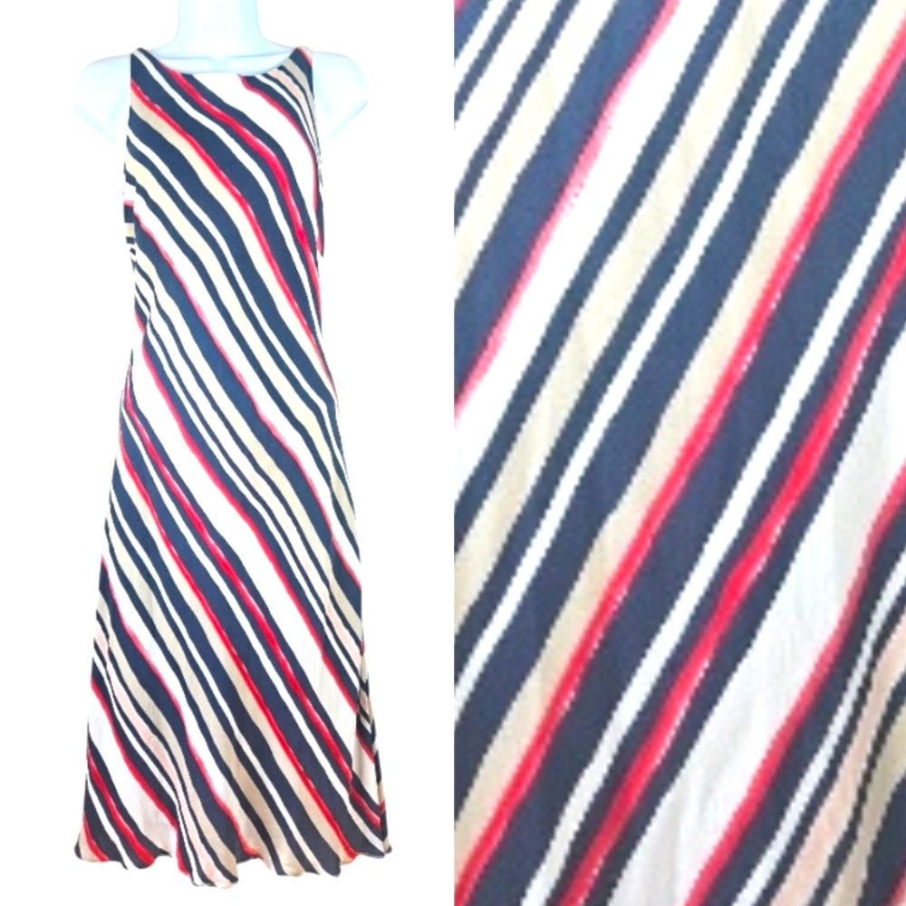 NWOT Casual Corner white red black stripe silk maxi dress Womens 14